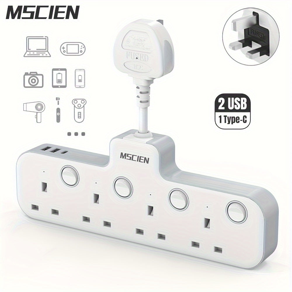 قابس تمديد جداري برباط المملكة المتحدة مع 4 منافذ تيار متردد ومنافذ USB نوع C ومحولات فردية وشفط كهربائي لحماية الطاقة للمنزل والمكتب