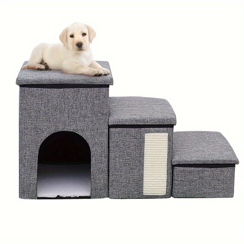 سلالم كبيرة للحيوانات الأليفة بثلاث طبقات مع تخزين - قابلة للطي، رامب غير قابلة للانزلاق للقطط والكلاب كبار السن - سلالم سرير أريكة مريحة