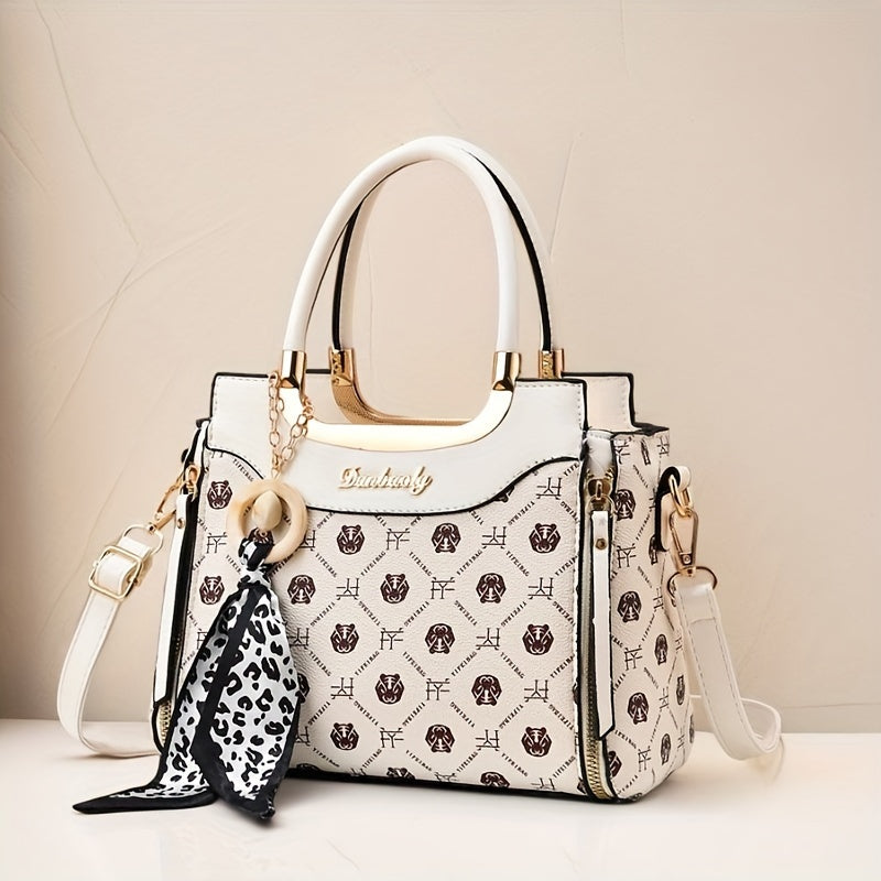 حقيبة توت نسائية أنيقة بسعة كبيرة مع حزام كتف قابل للتعديل، تصميم متعدد الطبقات، ونمط مربعات، لمسات بيج وسوداء، مثالية للاستخدام اليومي العادي، حقيبة توت عادية | تصميم علامة تجارية محفور | بطانة بوليستر