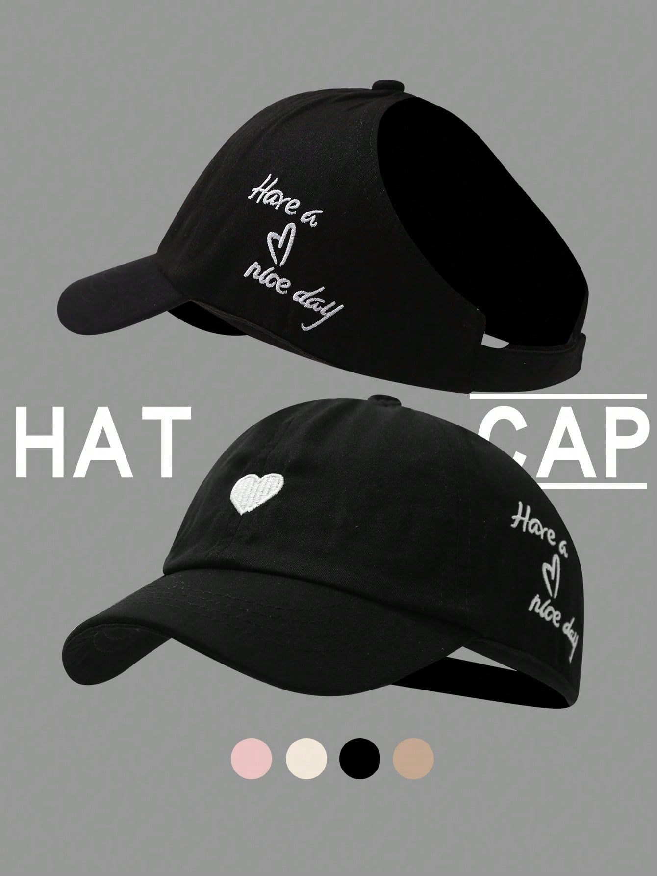 قبعة بيسبول نسائية بفتحة لخصلة الشعر مطرزة بشكل قلب، قبعة شمس متعددة الاستخدامات للصيف'