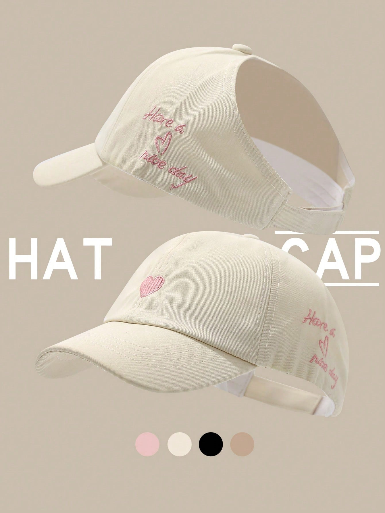 قبعة بيسبول نسائية بفتحة لخصلة الشعر مطرزة بشكل قلب، قبعة شمس متعددة الاستخدامات للصيف'