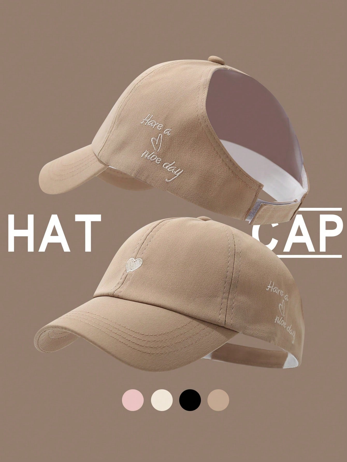 قبعة بيسبول نسائية بفتحة لخصلة الشعر مطرزة بشكل قلب، قبعة شمس متعددة الاستخدامات للصيف'