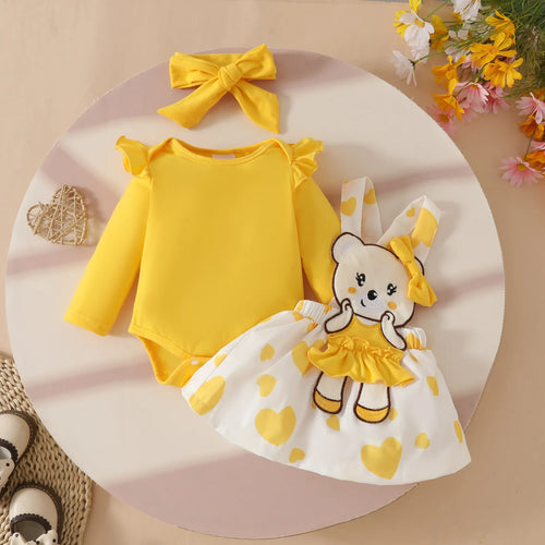 0-1 year old baby بنت 3-piece أكمام طويلة strap جيب solid color توب strap cartoon bear love جيب 100% cotton hair strap
