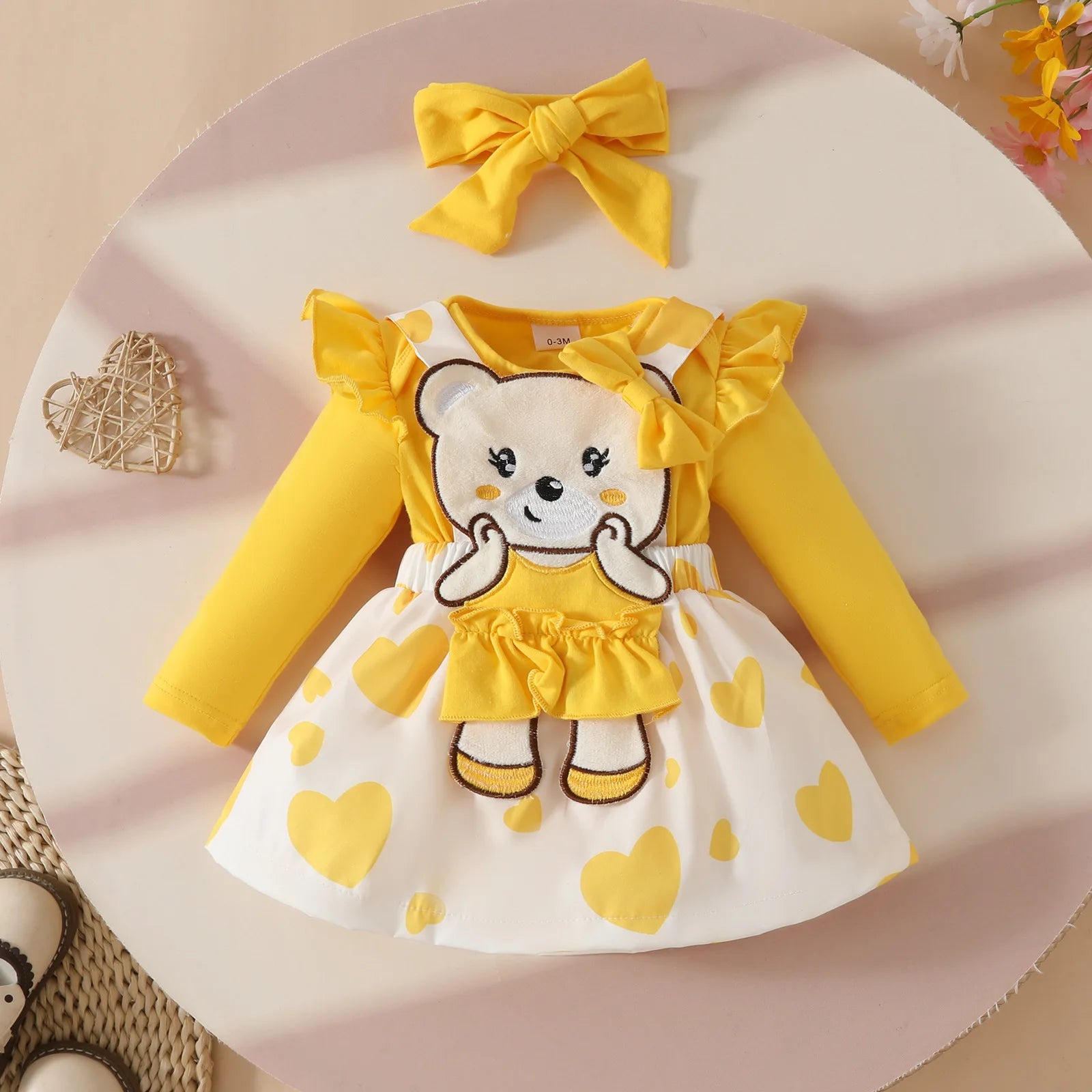 0-1 year old baby بنت 3-piece أكمام طويلة strap جيب solid color توب strap cartoon bear love جيب 100% cotton hair strap