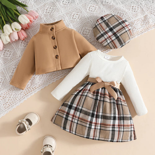 0-3 year old خريف and شتاء فستان طقم with velvet أكمام طويلةd jacket checkered belt جيب beret three piece طقم