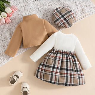 0-3 year old خريف and شتاء فستان طقم with velvet أكمام طويلةd jacket checkered belt جيب beret three piece طقم