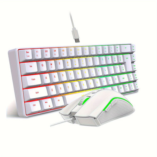 لوحة مفاتيح ميني سلكية مريحة بـ 68 مفتاح مع إضاءة خلفية RGB وفأرة ألعاب بصرية، تصميم مدمج للكمبيوتر، اللابتوب، والماك - مصنوعة من مادة ABS، لا تحتاج إلى بطارية