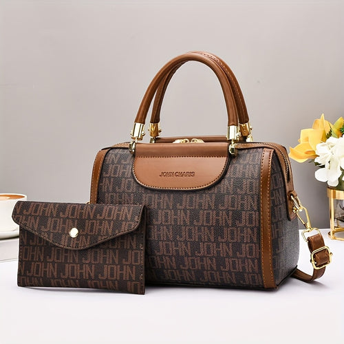 2pcs Vintage Style Handbag Set with Random Printing, Large Capacity Boston Handbag with Multiple Compartments and Zipper, Shoulder Bag, Crossbody Bag, and Coin Purse for Mother'S Day, Middle-Aged Ladies