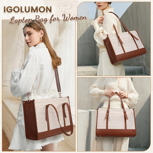 حقيبة توت لابتوب نسائية من جلد PU نباتي IGOLUMON بطول 39.62 سم - حقيبة عمل مبطنة متوافقة مع TSA مع محفظة قابلة للفصل، أحزمة كتف قابلة للتعديل وأقسام متعددة للمكتب والكلية والسفر (بيج وبني)، حقيبة لابتوب