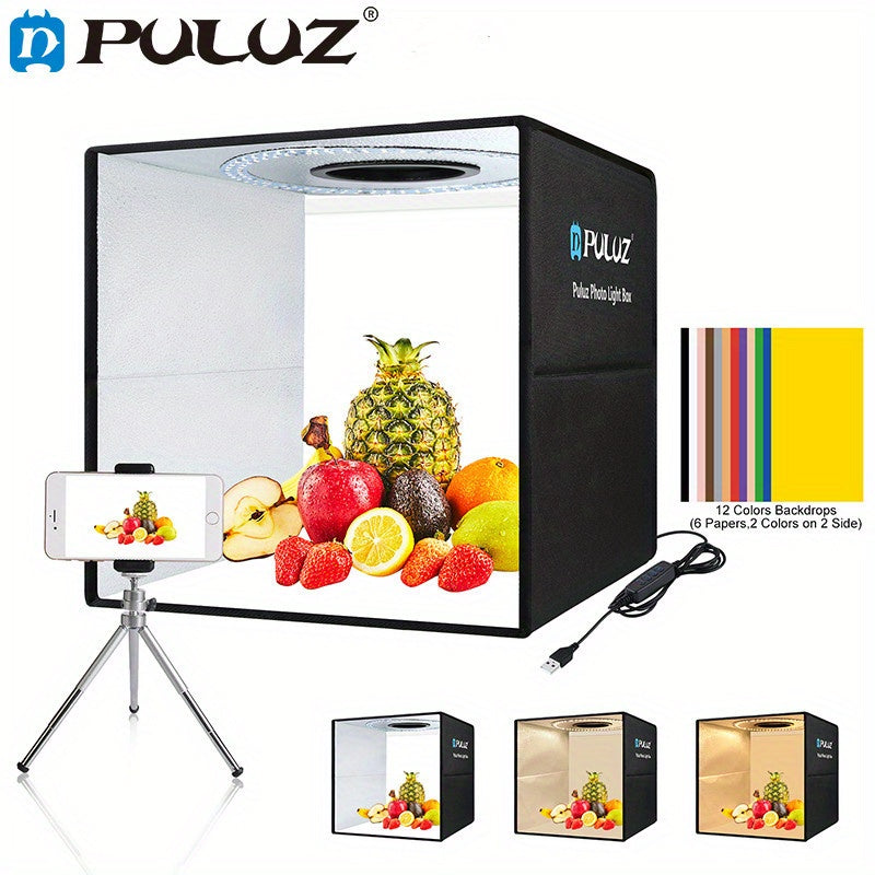صندوق إضاءة استوديو PULUZ 15.8 بوصة (40 سم) قابل للطي وسهل التركيب مع قماش ضوء ناعم، معدات تصوير احترافية بإضاءة بيضاء ودافئة قابلة للتعديل 3200-6500 كلفن مع 160 مصباح LED وخلفيات ثنائية الجانب بـ6 ألوان لتصوير المنتجات - أسود