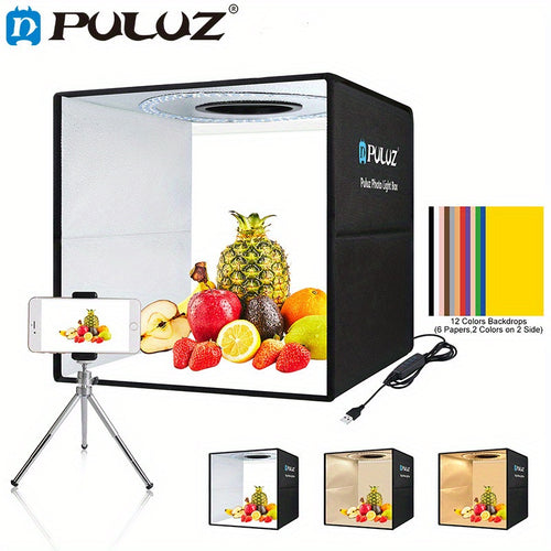 صندوق إضاءة استوديو PULUZ 15.8 بوصة (40 سم) قابل للطي وسهل التركيب مع قماش ضوء ناعم، معدات تصوير احترافية بإضاءة بيضاء ودافئة قابلة للتعديل 3200-6500 كلفن مع 160 مصباح LED وخلفيات ثنائية الجانب بـ6 ألوان لتصوير المنتجات - أسود