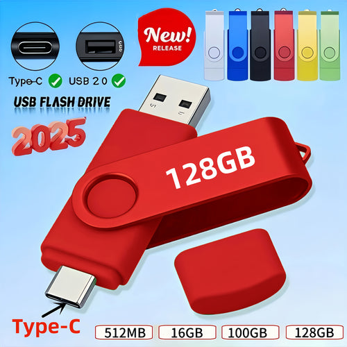 فلاش USB عالي السرعة 2 في 1 - 512 ميجابايت/16 جيجابايت/100 جيجابايت/128 جيجابايت، خيارات متعددة الألوان للهاتف والكمبيوتر المحمول والجهاز الشخصي - تخزين خارجي محمول للبيانات والصور ومقاطع الفيديو والموسيقى، أداة نقل بيانات، تصميم أنيق، توافق متعدد، غلاف م