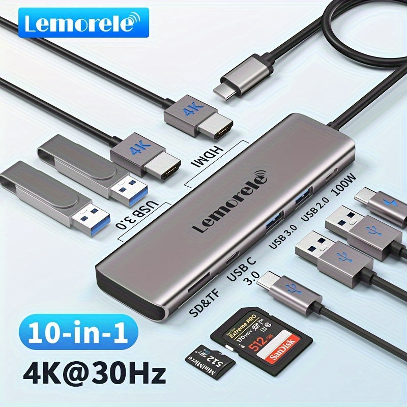 قطعة من محور يو إس بي سي 10 منافذ من ليموريل مع شاشة 4K HDTV، 30 هرتز، شحن سريع PD100W، قارئ بطاقات SD/TF، محول نوع سي للابتوب، الهاتف الذكي، التابلت، محور يو إس بي سي