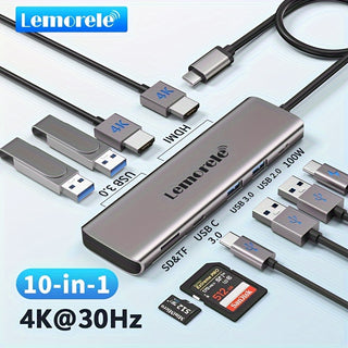 قطعة من محور يو إس بي سي 10 منافذ من ليموريل مع شاشة 4K HDTV، 30 هرتز، شحن سريع PD100W، قارئ بطاقات SD/TF، محول نوع سي للابتوب، الهاتف الذكي، التابلت، محور يو إس بي سي