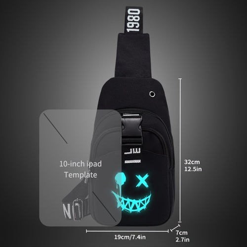 حقيبة كروس للرجال بشحن USB وطباعة جمجمة نيون - حزام قابل للتعديل، إغلاق بسحاب، تصميم مدمج بسيط للخروجات اليومية والاستخدام العادي، حقيبة صغيرة بأمان سحاب