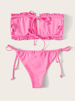 Swim تجاعيد طقم بيكيني مقلم بهدب بربطة ظهر لباس علوي باندو & ربطة جانبي لباس قيعان 2قطع بدلة سباحة