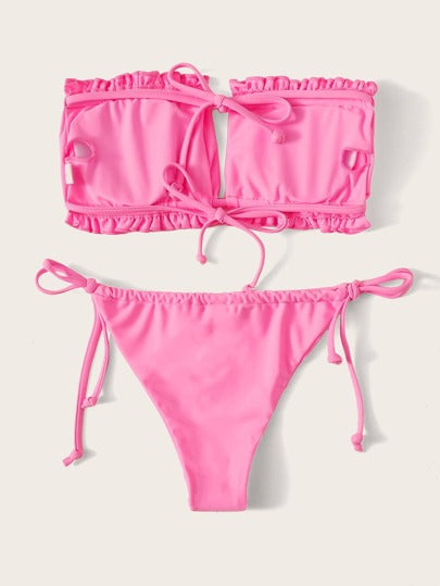 Swim تجاعيد طقم بيكيني مقلم بهدب بربطة ظهر لباس علوي باندو & ربطة جانبي لباس قيعان 2قطع بدلة سباحة