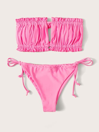 Swim تجاعيد طقم بيكيني مقلم بهدب بربطة ظهر لباس علوي باندو & ربطة جانبي لباس قيعان 2قطع بدلة سباحة