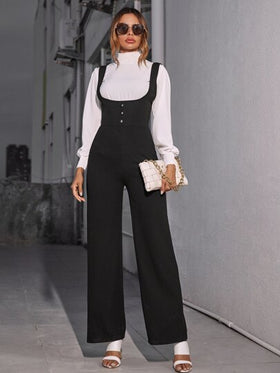 SHEIN Privé جمبسوت بحمالات وبساق عريض مع ازرار امامية وبخصر عالي