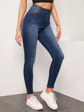 SHEIN Essnce بنطلون جينز مرن بخصر عالي وجيب قلاب