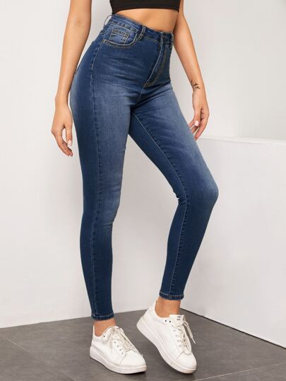 SHEIN Essnce بنطلون جينز مرن بخصر عالي وجيب قلاب