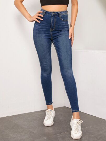 SHEIN Essnce بنطلون جينز مرن بخصر عالي وجيب قلاب
