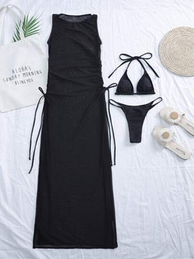 Swim Basics طقم بيكيني مثلث مايكرو مش مثقوب يتكوّن من 3 قطع بتصميم هالتر لفصل الصيف على الشاطئ