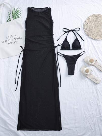 Swim Basics طقم بيكيني مثلث مايكرو مش مثقوب يتكوّن من 3 قطع بتصميم هالتر لفصل الصيف على الشاطئ