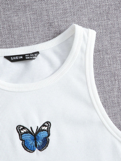 EZwear لباس علوي تانك محبوك مضلع ومطرز بفراشة
