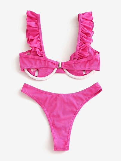 Swim Mod مضلع طقم بيكيني كشكش حلقة معدني حمالة صدر & تجاعيد عريض الارداف لباس قيعان 2قطع بدلة سباحة