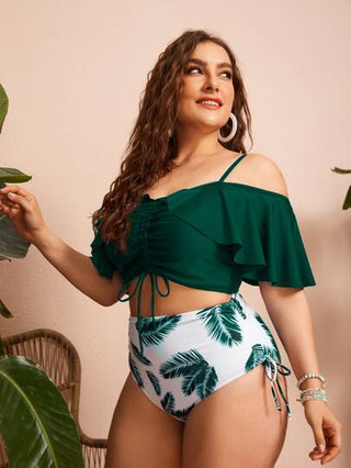 Swim Lushoire طقم بكيني كبير الحجم بطبعة ورقية وكشكشة للصيف