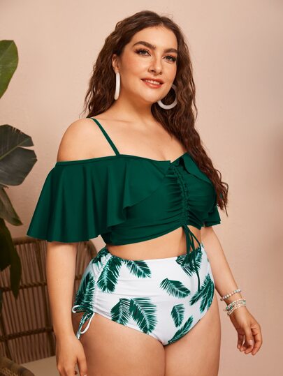 Swim Lushoire طقم بكيني كبير الحجم بطبعة ورقية وكشكشة للصيف