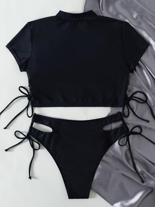 Swim موحدة اللون طقم بيكيني أكمام قصيرة تي شيرت & قص مجوف ربطة جانبي لباس قيعان 2قطع بدلة سباحة