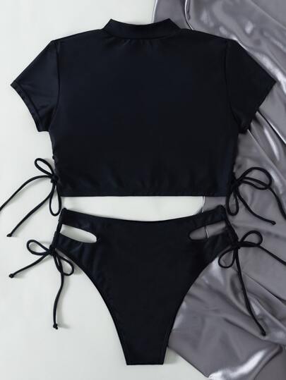 Swim موحدة اللون طقم بيكيني أكمام قصيرة تي شيرت & قص مجوف ربطة جانبي لباس قيعان 2قطع بدلة سباحة