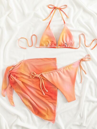 Swim Vcay طقم بكيني أومبري للشاطئ الصيفي، توب بكيني مثلث هالتر وسروال بكيني جانب رباط وتنورة غطاء 3 قطع بكيني، البدلة السباحة