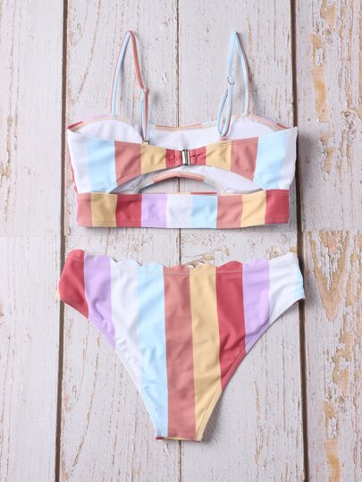 Swim ألوان متباينة طقم بيكيني تجاعيد قص مجوف لباس علوي بيكيني & مقلم شكل اقواس منخفض وورك 2قطع بدلة سباحة