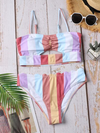 Swim ألوان متباينة طقم بيكيني تجاعيد قص مجوف لباس علوي بيكيني & مقلم شكل اقواس منخفض وورك 2قطع بدلة سباحة