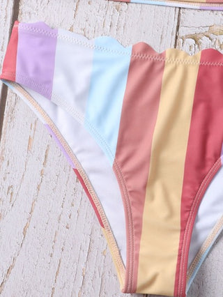 Swim ألوان متباينة طقم بيكيني تجاعيد قص مجوف لباس علوي بيكيني & مقلم شكل اقواس منخفض وورك 2قطع بدلة سباحة