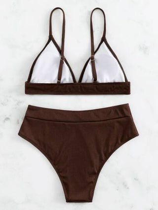 Swim Basics مجموعة بيكيني للسباحة برقبة على شكل V وقاع السباحة عالي الخصر لصيف الشاطئ