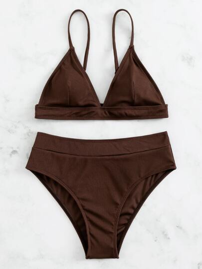 Swim Basics مجموعة بيكيني للسباحة برقبة على شكل V وقاع السباحة عالي الخصر لصيف الشاطئ