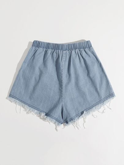 EZwear شورت بخصر معقود وجيب مائل مرقع وحافة خام غير مخيطة