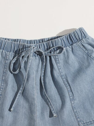 EZwear شورت بخصر معقود وجيب مائل مرقع وحافة خام غير مخيطة