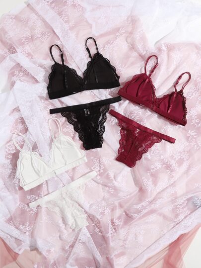 Shein Underwear&Sleepwear Basics مجموعة لانجري صدرية وحمالة الصدر مع دانتيل زهري وشورت , 3 أطقم