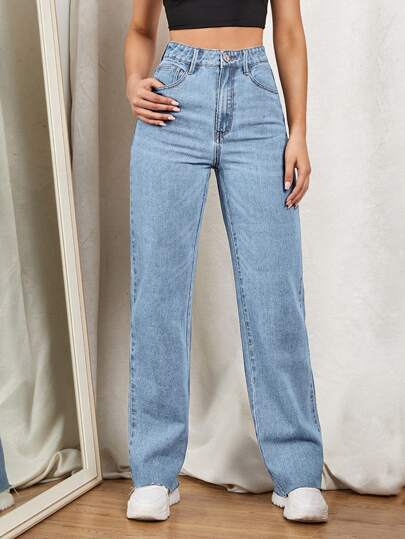 SHEIN EZwear بنطلون جينز ذو ساق مستقيمة وسحاب