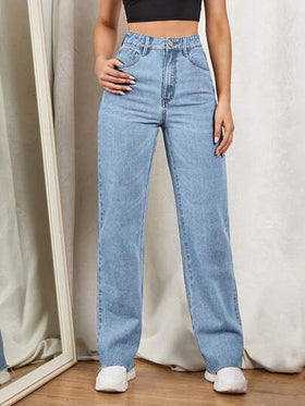 SHEIN EZwear بنطلون جينز ذو ساق مستقيمة وسحاب