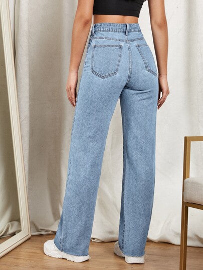 SHEIN EZwear بنطلون جينز ذو ساق مستقيمة وسحاب