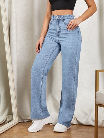 SHEIN EZwear بنطلون جينز ذو ساق مستقيمة وسحاب