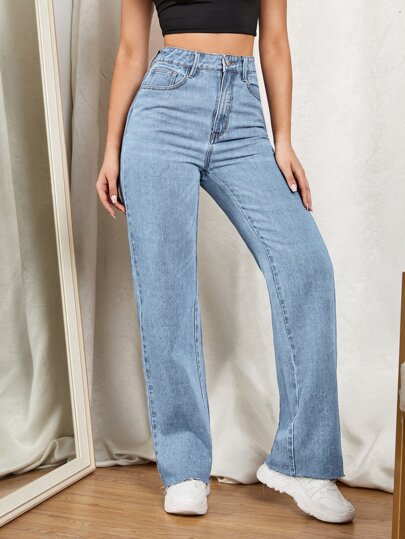 SHEIN EZwear بنطلون جينز ذو ساق مستقيمة وسحاب