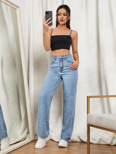 SHEIN EZwear بنطلون جينز ذو ساق مستقيمة وسحاب