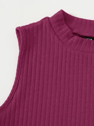 EZwear لباس علوي تانك محبوك مضلع قصير بلون موحد
